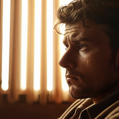Home 4 **
A person looking thoughtful, sitting in a chair. The background is blurred. The scene conveys a sense of introspection and overcoming adversity. Use warm lighting.
**